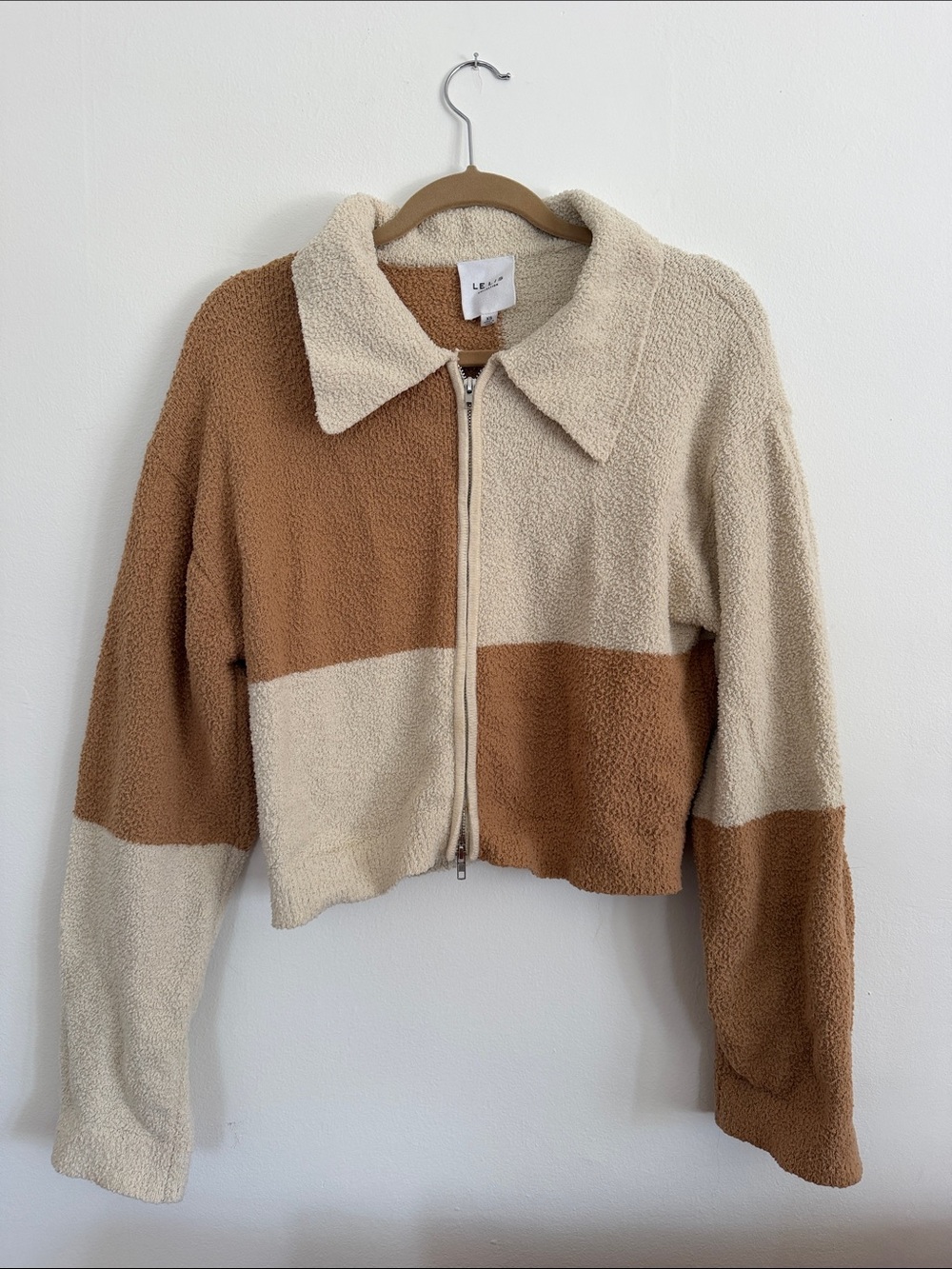 Le Lis Colorblock Teddy Jacket in Cream & Brown